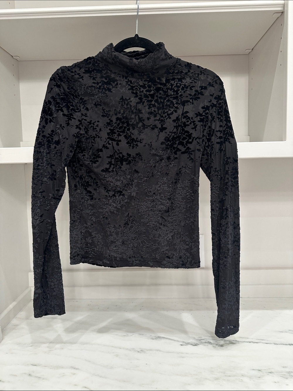 Pink Lily small black velvet Burnout Mock Neck Long Sleeve Top.  Like new